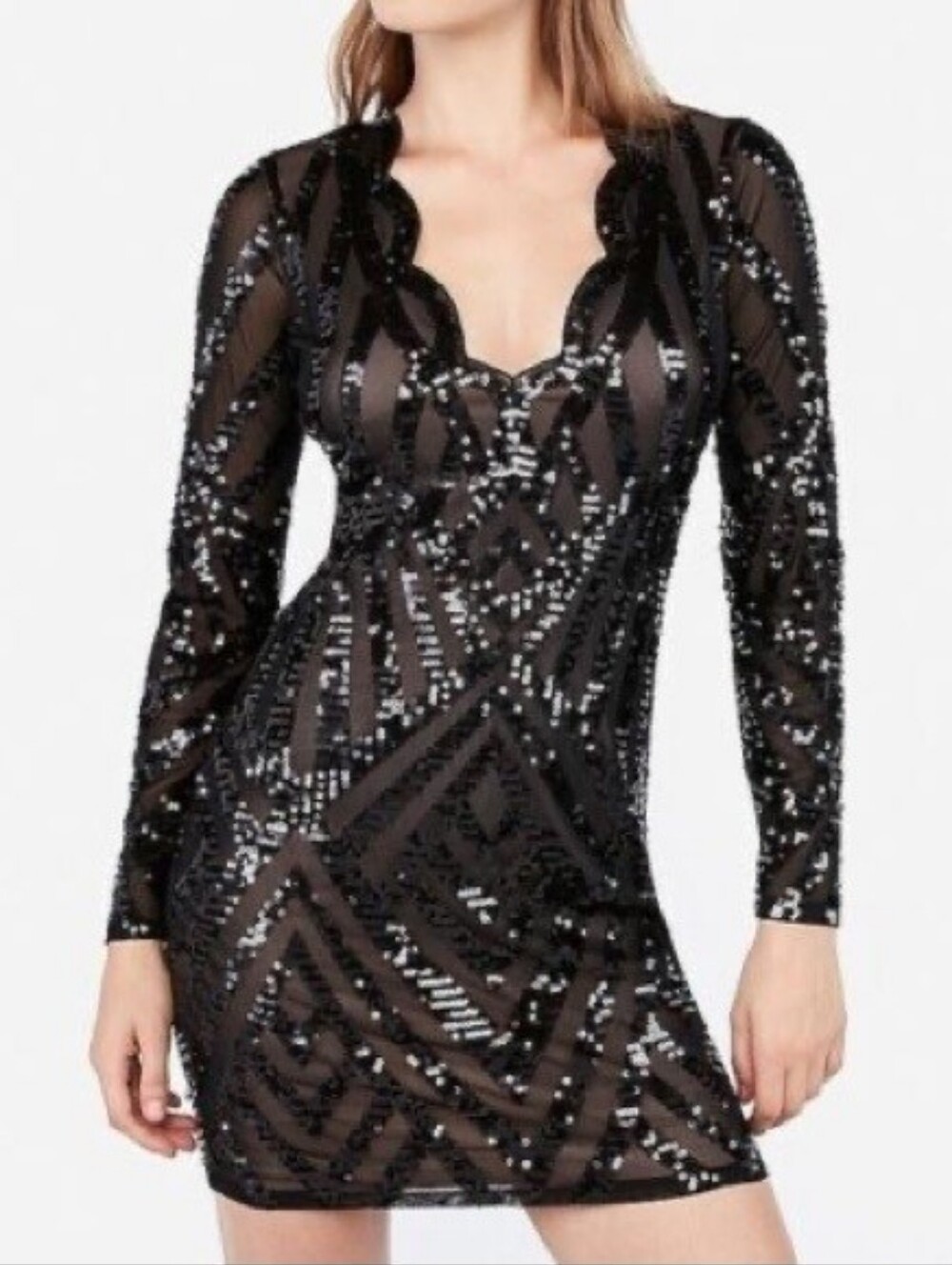NWT Express Black Sequin Long-Sleeve V-Neck Bodycon Dress
